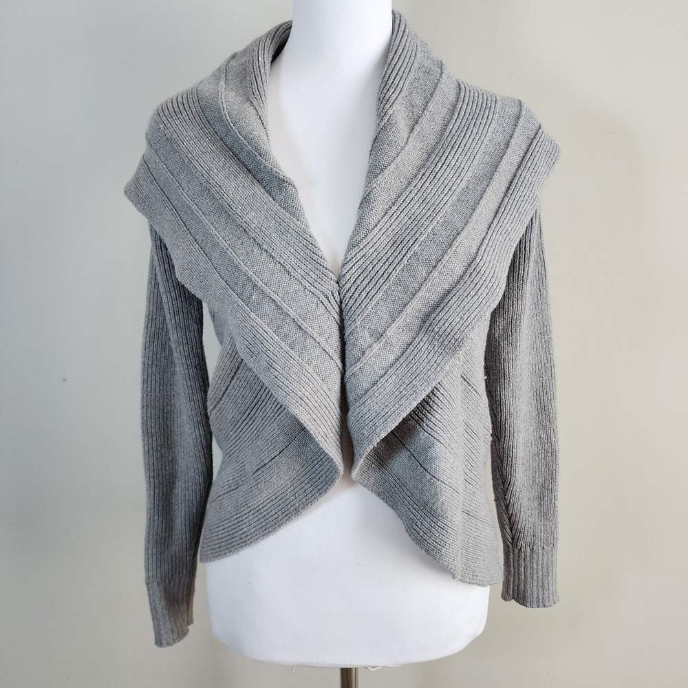 White House Black Market Gray Circle Cardigan‎ Sweater Wool Blend Ribbed Size XS